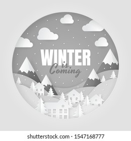 Winter Is Coming. Winter Landscape Background. Papercut Vector Design. Vector Illustration