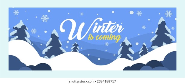 el invierno se acerca un estandarte paisajístico con caída de nieve e ilustración del paisaje. navidad y vacaciones de año nuevo. fondo de invierno y navidad