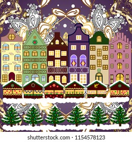Winter is coming. Landscape with nature and houses. Vector illustration. Nature landscape. Winter city with trees, cute houses. Over a background. Holidays Vector illustration.
