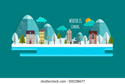 Winter is coming. Landscape with nature and houses. Vector. Nature landscape. Winter city with white trees, cute houses,sun. Winter in the city, mountains, fir-trees. Vector illustration, EPS 10.