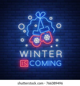 Winter is coming, a neon sign on Winter holidays. Bright neon sign, luminous banner. Vector illustration for your winter projects.