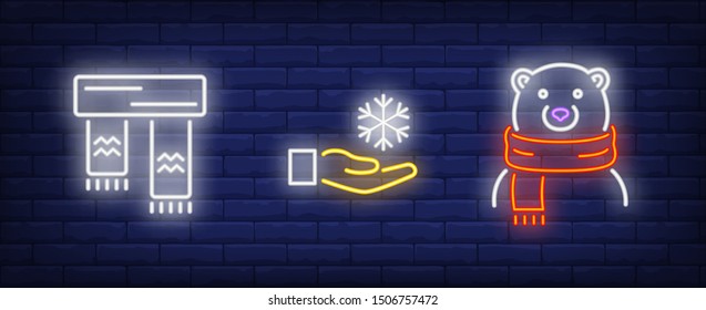 Winter coming neon sign set. Scarf, snowflake in hand, Christmas polar bear. Vector illustration in neon style, bright banner for topics like Xmas, New Year, frost