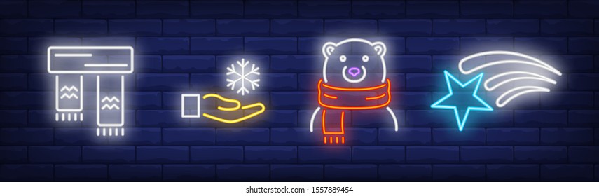 Winter coming neon sign set. Scarf, snowflake in hand, Christmas polar bear. Vector illustration in neon style, bright banner for topics like Xmas, New Year, frost