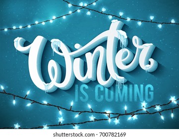 Winter is coming poster with realistic fir tree, icicles and christmas sparkling lights. Vector illustration.