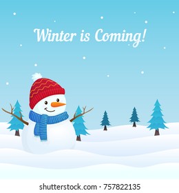 Winter is Coming Scene with Snowman and Snowy Ground with Christmas Tree in the Background. Holiday Greeting Card, Banner, Poster, Template.