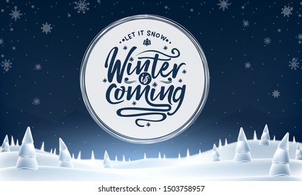 Winter kommt Text in Cycle White Space auf schneebedecktem Nachtwald mit dem Landschaftsbanner Snowy Trees. Vektorgrafik 