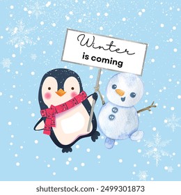  El invierno se acerca texto a bordo sostenido por un pingüino sobre el fondo de corrientes, copos de nieve y nieve. Diseño de invierno, venta. Ilustración vectorial EPS10