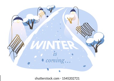 Winter is coming vector banner template. Snowing park in the evening with lane, lamps and benches