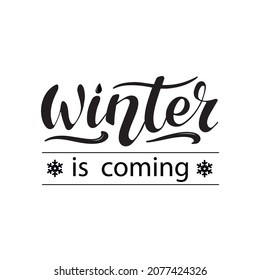 El invierno viene con letras vectoriales. Letras negras con líneas y copos de nieve sobre el fondo blanco. Tarjeta de celebración. Tipografía para las vacaciones de invierno. Ilustración vectorial, caligrafía de estilo