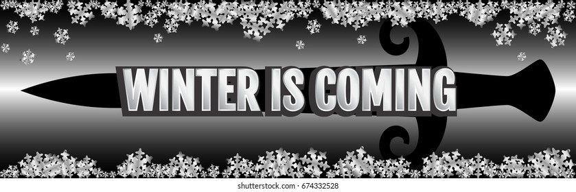 Winter is coming vector illustration with iron sword on dark background