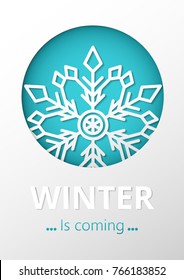 Winter is coming. Vector paper A4 template. Season illustration with snowflake. Good card, poster, banner. 