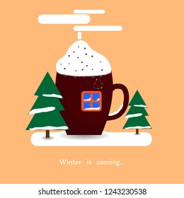 Winter is coming.Abstract house in the shape of a Cup, window, Christmas trees, garland.Beige background.Vector illustration
