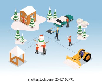 Winter Community Aktivitäten und Schneemanagement 3d isometrische Vektorgrafik