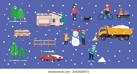 Winter Community Scene with Snow Activities, Snow Removal, and Holiday Preparations 2d flat vector illustrations