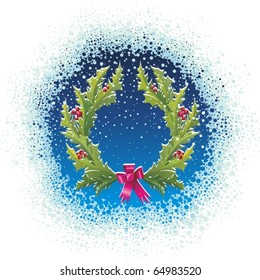 Winter composition with Christmas wreath and snowfall