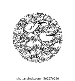 Winter composition in the circle. Vector illustration. Bullfinches, wild rose, mountain ash.