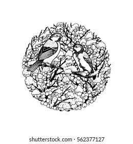 Winter composition in the circle. Vector illustration. Blue tit, wild rose, sea buckthorn.