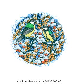 Winter composition in the circle. Vector illustration. Blue tit, wild rose, sea buckthorn.