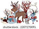 Winter composition with cute rabbit in a scarf on skates, sleeping wolf, hedgehog, funny reindeer, leaves, tree and other. Winter funny animal. Perfect for greeting cards, poster, postcard, banner.