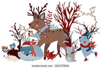 Winter composition with cute rabbit in a scarf on skates, sleeping wolf, hedgehog, funny reindeer, leaves, tree and other. Winter funny animal. Perfect for greeting cards, poster, postcard, banner.