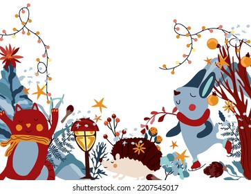 Winter composition with cute rabbit in a scarf on skates, funny cat, garland, berries, leaves, Christmas tree and other. Winter funny animals. Perfect for greeting cards, poster, postcard, banner.
