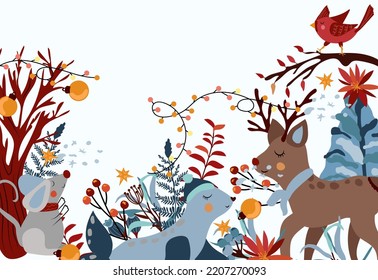 Winter composition with cute seal, reindeer, mouse in scarf sitting under a tree, berries, leaves, Christmas tree and other. Winter funny animal. Perfect for greeting cards, poster, postcard, banner