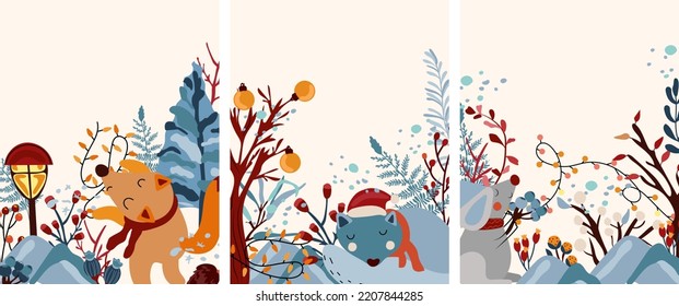 Winter composition with dancing fox in a scarf, the wolf sleeping among the mountains, the mouse holds the berries, leaves, tree and other. Winter animal.Perfect for greeting cards, poster, postcard.