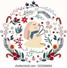 Winter composition, funny rabbit in a scarf in Christmas wreath, and garland, flower, candy, pine branch around. Concept Christmas and New Year. Magic animals. Vector. 
