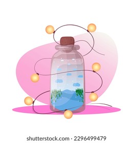 Winter composition in a glass jar with New Year glowing light bulbs, winter mood, cozy and winter holidays atmosphere, winter vector illustration