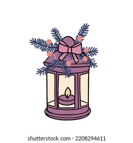Winter composition with lamp and candle. Still life with home decor. Hand drawn vector illustration.
