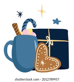 Winter composition with mug of hot drink and sweets, caramel cane, gingerbread, Christmas and New Year's gift, bells, cozy evening in the style of hygge, cartoon illustration, vector image for prints