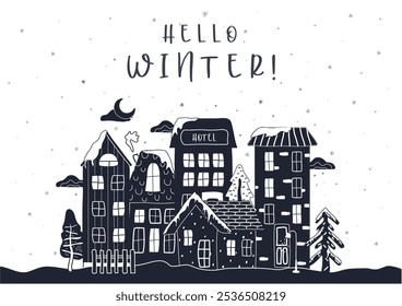 A winter composition,  pattern of houses, snow tree, star. flat design, cartoon style.  A fashionable hand-drawn illustration. for print, paper, childrens wallpaper. art vector illustration.