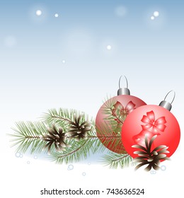 Winter composition, pine branch with Christmas balls
