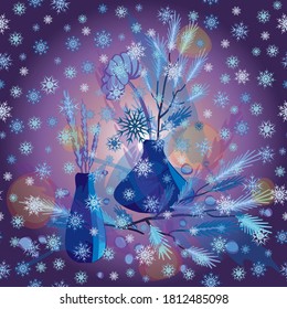 winter composition of plants in a vase with snowflakes. Seamless pattern.