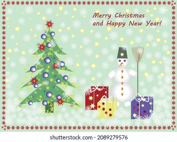 Winter composition. Postcard. Christmas tree. Snowman with a bucket on his head and a broom. Gift boxes. Stars and snowflakes. Vector illustration.