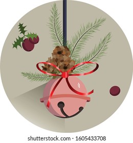 Winter composition with rose bauble hanging, fir tree leaves and fruit. Pine cone. Vector