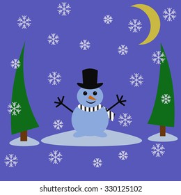 Winter composition with snowman, christmass trees, snowflakes and moon at night