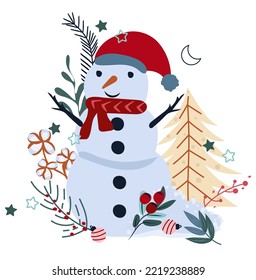 Composición invernal con muñeco de nieve en una bufanda, ramas de bayas, árbol de Navidad, ramas de pino y otros. Concepto Navidad y Año Nuevo. Ilustración del vector