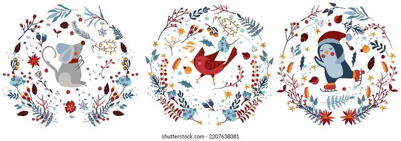 Winter compositions, animals in Christmas wreath, cute mouse in a scarf, northern Cardinal, penguin on skates, flowers, leaves and berries.Cute winter animals for greeting cards, poster, banner.