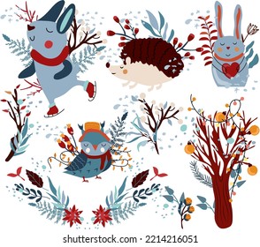 Winter compositions cute rabbit holding a heart, funny owl in a scarf, rabbit on skates, Christmas wreath and other. Cute winter animals for greeting cards, poster, postcard, banner. Vector