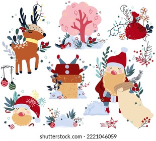 Winter compositions with deer in a scarf, Santa Claus reading a letter, Tree among heaps of snow and other. Concept Christmas and New Year. Vector illustration