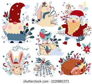 Winter compositions with sleeping deer, funny Santa Claus, winter gnome, cute rabbit and other. Concept Christmas and New Year. Perfect for greeting cards, poster, postcard, banner. Vector.