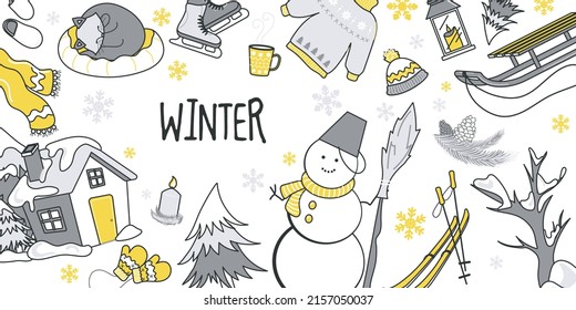 Winter concept for banner design with flat line doodle pattern. Hand drawing texture with snowman, ski, sweater, cup, cat, scarf, home, tree, pine, lantern and snowflakes. Vector illustration for web