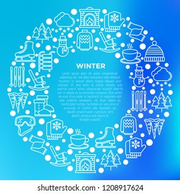 Winter concept in circle with thin line icons: fireplace, skates, mittens, snowflake, snowman, pullover, sledges, rocking chair, skiing, icicle, snowfall. Vector illustration, print media template.