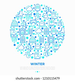 Winter concept in circle with thin line icons: fireplace, skates, mittens, snowflake, scarf, snowman, pullover, rocking chair, skiing, icicle, snowfall. Vector illustration, print media template.
