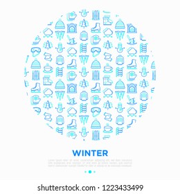 Winter concept in circle with thin line icons: fireplace, skates, mittens, snowflake, scarf, snowman, pullover, sledges, rocking chair, skiing, icicle, snowfall. Vector illustration for print media.