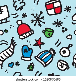 Winter concept. Hand drawn seamless pattern with mittens, caps, scarfs, ice skates, snowflakes, stars, cups, trees. Blue background, blue, red, green elements