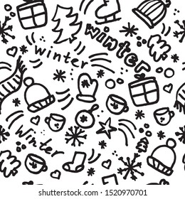 Winter concept. Hand drawn seamless pattern with mittens, caps, scarfs, ice skates, snowflakes, stars, cups, trees. Black on white isolated