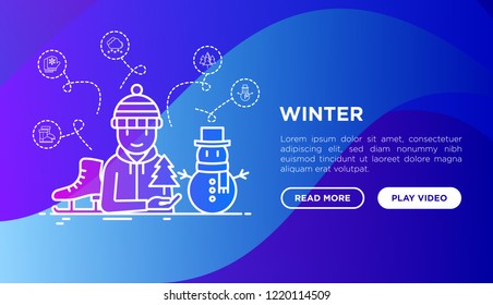 Winter concept: man in knitted hat with skates and snowman. Thin line icons: mittens, snowflake, forest, snowfall. Modern vector illustration, web page template on gradient background.