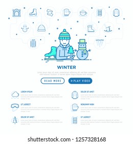 Winter concept: man in knitted hat with skates and snowman. Modern vector illustration, web page template.